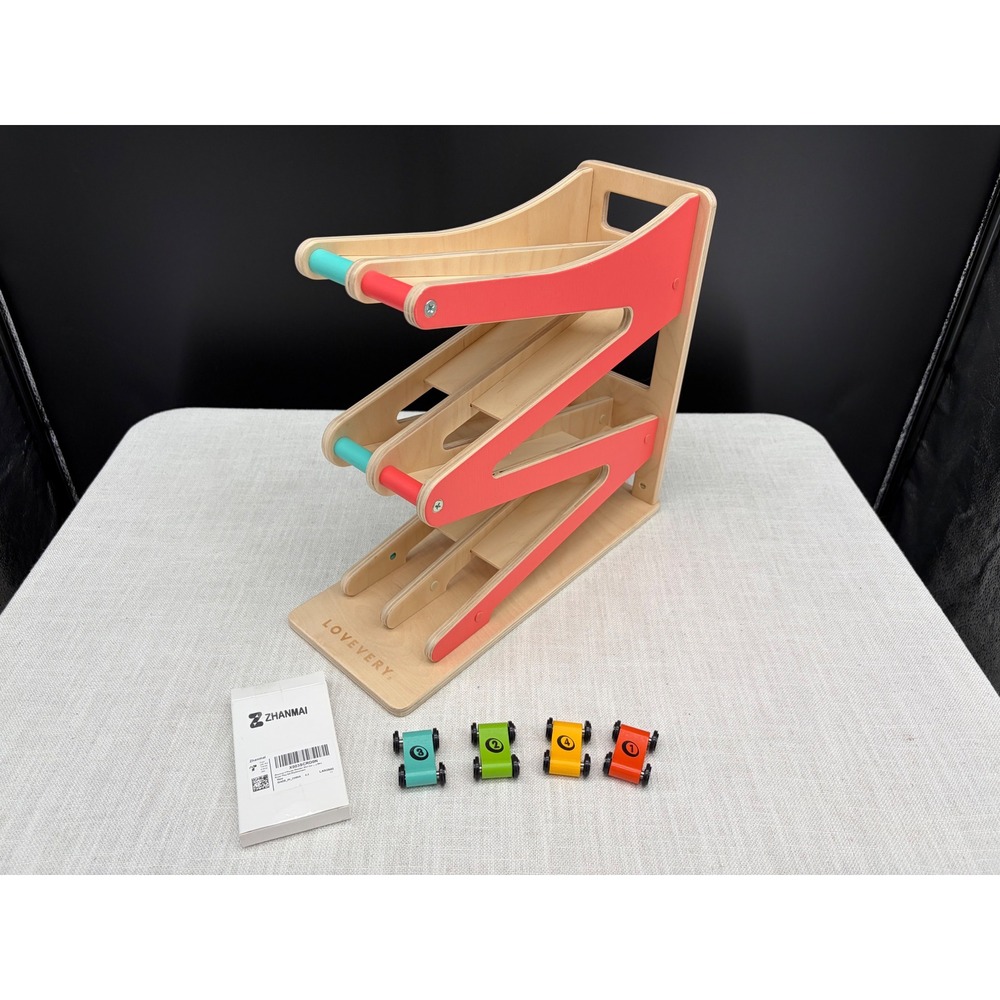 Lovevery Wooden Race Track Tower Montessori Toy with 4 Replacement Cars